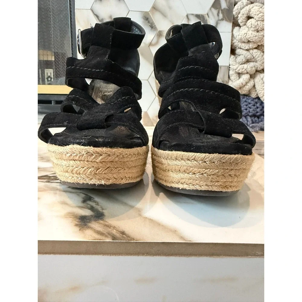 UGG Lucianna Wedge Sandals Womens 9.5 Black Suede Espadrille Platform Strappy